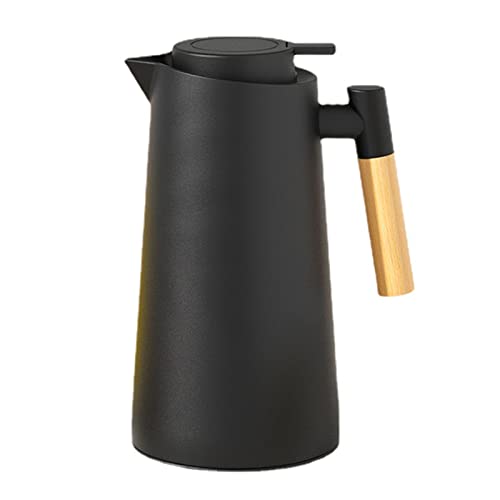 Thermoskanne Isolierkanne, Kaffeekaraffe Für Heißen Und Kalten Tee Kaffee, Mit Einfachem Sicherheitstaster, Holzgriff, Rutschfeste Unterseite, Thermosflasche Für Home Office Hotel (Schwarz,1000ML) von YASAHNG