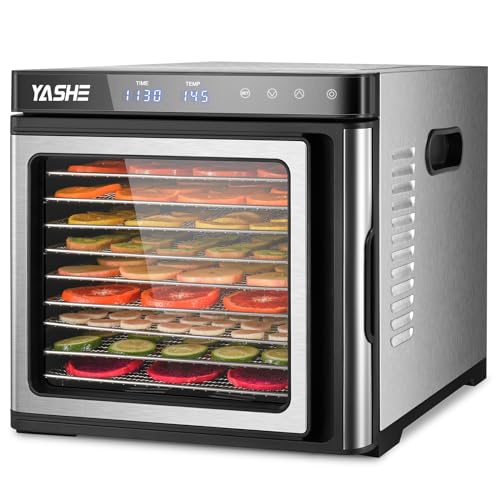 Edelstahl Dörrautomat, 1000W Dörrgerät für Obst und Gemüse mit LED-Anzeige, präziser Temperaturregelung (35-75°C), 48-Stunden-Timer, 9 Edelstahlschalen, 2 Maschensiebe, 1 Schale für Obstrollen von YASHE