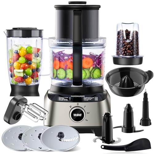 YASHE 11 in 1 Küchenmaschine, 1300W Multifunktionale Food Processor - 2,5 L Rührschüssel & 1,5 L Mixgefäß, Upgrade Schneidescheibe, Zitruspresse, Knetmaschine, Mahlwerk, Schneebesen, Zerkleinerer von YASHE