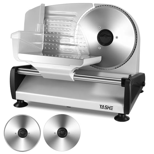 YASHE Allesschneider Elektrisch, 250W Brotschneidemaschine mit 19cm Gezahntem & Glattem Messer, Einstellbarer Schnittstärke 0–15 mm, Sicherheitsverriegelung, Rutschfeste Saugfüße, Leicht zu Reinigen von YASHE