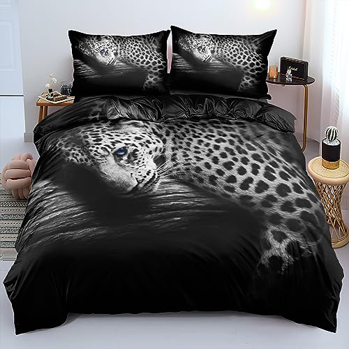 YASMENG 3D Bettwäsche 135x200 4teilig Leopard Tiermotiv Grau Blau Bettbezug Set Weich Mikrofaser Bettwäsche für Geschenke Zimmer Deko mit Reißverschluss und 2 Kissenbezüge 80x80 cm von YASMENG