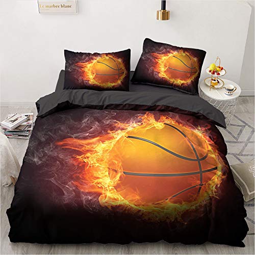 YASMENG Basketball Bettwäsche 135x200 Jungen Flamme Orange 3D Bettbezug Set Weich Mikrofaser Bettwäsche Basketball 2teilig für Jugendliche Kinder Geschenke mit Reißverschluss und 80x80 cm Kissenbezug von YASMENG