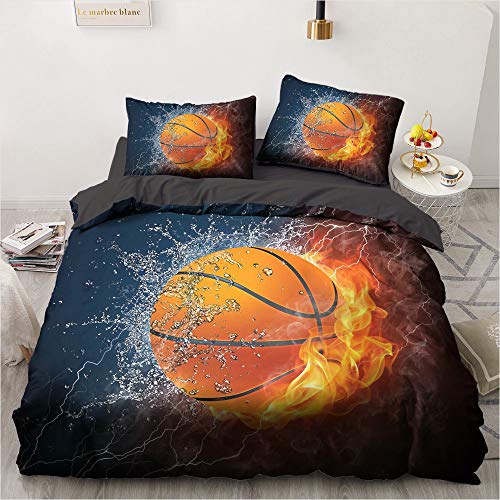 YASMENG Basketball Bettwäsche 135x200 Jungen Flamme Wasser Orange Bettbezug Weich Mikrofaser Bettwäsche Basketball 2teilig für Jugendliche Kinder Geschenke mit Reißverschluss und 80x80 cm Kissenbezug von YASMENG