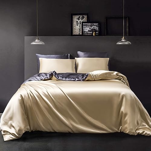 YASMENG Beige Bettwäsche 220x240 Satin Grau Dunkelgrau Bettbezug Set Einfarbig Deckenbezug Hochwertiges Deluxe Elegant Satin Wendebettwäsche 3teiling mit Reißverschluss und 2 Kissenbezüge 80×80 cm von YASMENG