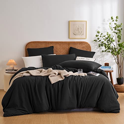 YASMENG Bettwäsche 135x200 4teilig Schwarz Uni Gewaschene Baumwolle Bettwäsche Set Weiche Kuschelige Bettwäsche für Einzelbett mit Reißverschluss und 2 Kissenbezüge 80x80 cm von YASMENG