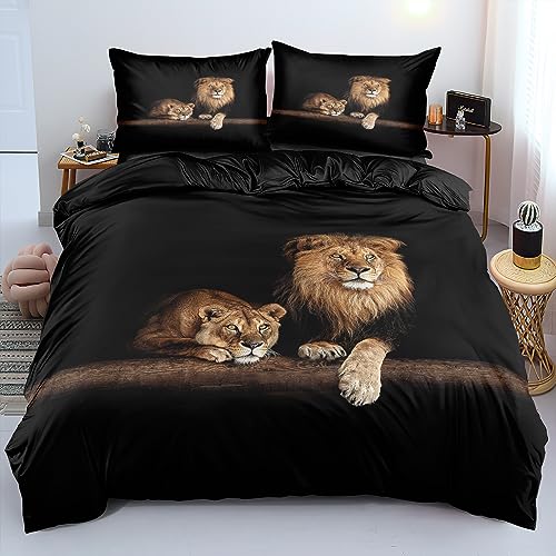 YASMENG Bettwäsche 135x200 Löwe Tiermotiv Braun Schwarz 3D Bettbezug Set Weich Flauschig Mikrofaser Bettwäsche 2teilig für Geschenke Zimmer Deko mit Reißverschluss und 80x80 cm Kissenbezug von YASMENG