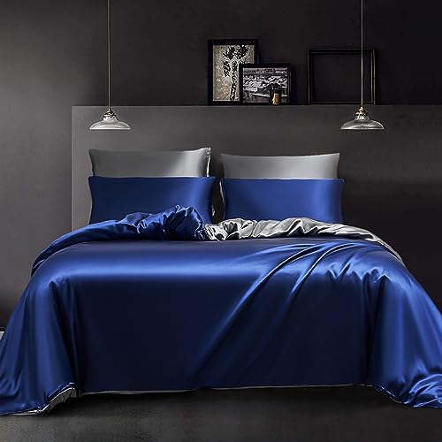 YASMENG Bettwäsche 135x200 Satin Blau Dunkelgrau Wendebettwäsche Set Modern Elegant Deluxe Bettbezug Set Glatt Glänzend Weich Satin Bettwäsche 2teilig mit Reißverschluss und 80x80 cm Kissenbezug von YASMENG