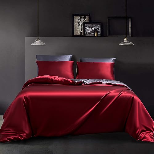 YASMENG Bettwäsche 135x200 Satin Rot Weinrot Dunkelgrau Wendebettwäsche Einfarbig Deckenbezug Hochwertiges Deluxe Weich Satin Bettwäsche 2teilig mit Reißverschluss und 80x80 cm Kissenbezug von YASMENG