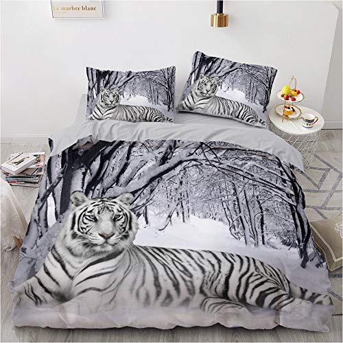 YASMENG Bettwäsche 155x220 3teilig Tiger Motiv Thema Schnee Weiß 3D Bettbezug Set Weich Komfort Mikrofaser Bettwäsche für Geschenke Zimmer Deko mit Reißverschluss und 80x80 cm Kissenbezug von YASMENG