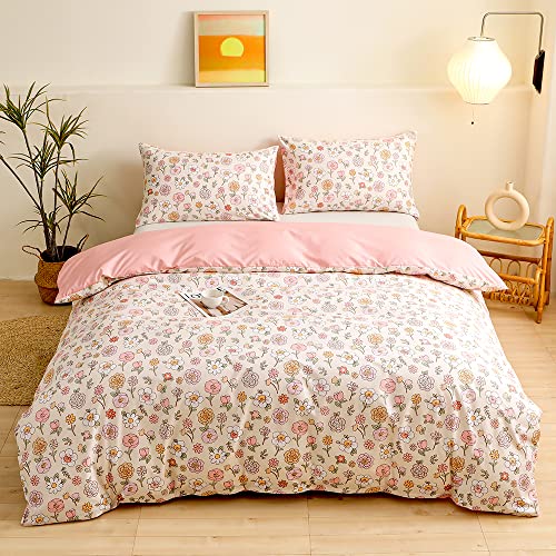 YASMENG Bettwäsche 155x220 Blumen Muster Beige Rosa Bettwäsche 3 Teilig Weich Kuschelig Mikrofaser Bettbezug Set Modern Bunt Blumen Wendebettwäsche Set mit Reißverschluss und 2 Kissenbezüge 80x80 cm von YASMENG