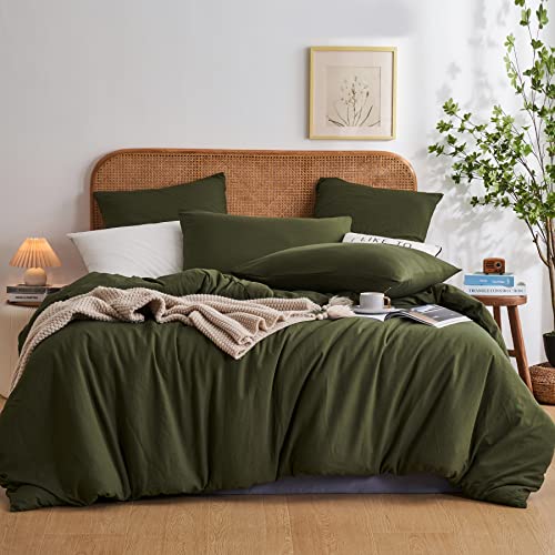 YASMENG Bettwäsche 155x220 Uni Einfarbig Grün Olivgrün Bettbezug Set Weiche Kuschelige Gewaschene Baumwolle Bettwäsche 3 Teilig Einzelbett mit Reißverschluss und 2 Kissenbezüge 80x80 cm von YASMENG