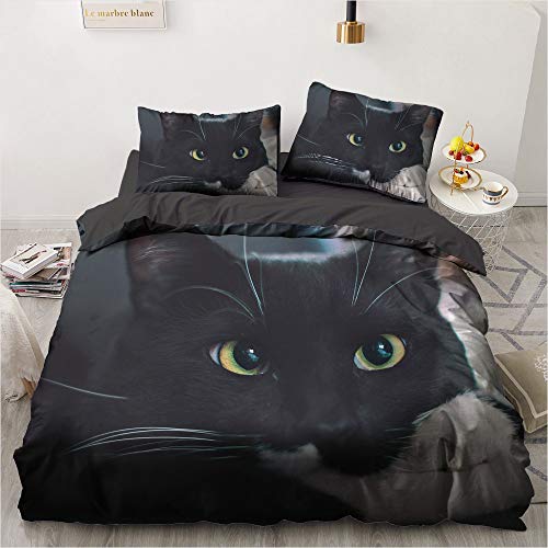 YASMENG Bettwäsche 155x220cm Schwarz Katze Muster Kinder Junge Mädchen Bettwäsche Set Microfaser Bettbezug mit Reißverschluss und 2 Kissenbezüge 80 x 80cm von YASMENG