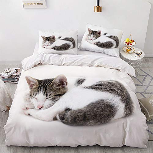 YASMENG Bettwäsche 155x220cm Weiß Katze Muster Kinder Junge Mädchen Bettwäsche Set Microfaser Bettbezug mit Reißverschluss und 2 Kissenbezüge 80 x 80cm von YASMENG
