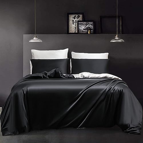 YASMENG Bettwäsche 200x200 Satin Schwarz Weiß Wendebettwäsche Set Elegant Luxus Modern Bettbezug Set Weich Glatt Glänzend Satin Bettwäsche 3 Teiling mit Reißverschluss und 2 Kissenbezüge 80×80 cm von YASMENG