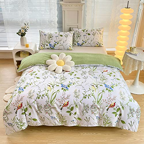 YASMENG Bettwäsche 200x220 Bunt Blumen Blätter Weiß Grün Wendebettwäsche Set Weich Mikrofaser Bettwäsche 3 Teilig Floral Vogel Aesthetic Bettbezug Set mit Reißverschluss und 2 Kissenbezüge 80x80 cm von YASMENG