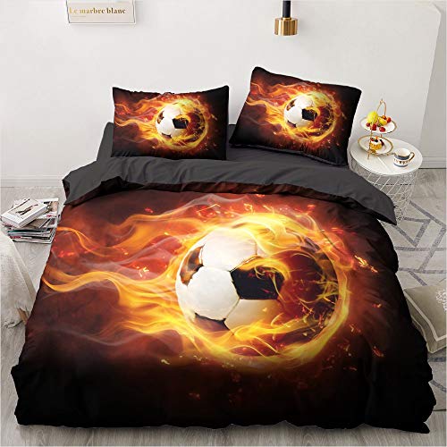 YASMENG Bettwäsche Fussball 135x200 Jungen Flamme Orange 3D Fußball Bettwäsche Weich Mikrofaser Bettwäsche Fussball 2teilig für Jugendliche Geschenke mit Reißverschluss und 80x80 cm Kissenbezug von YASMENG