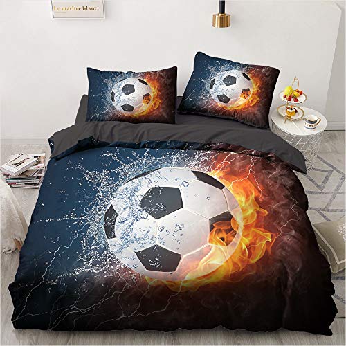 YASMENG Bettwäsche Fussball 135x200 Jungen Flamme Wasser Orange Fußball Bettwäsche Weich Mikrofaser Fussball Bettwäsche 2teilig für Jugendliche Geschenke mit Reißverschluss und 80x80 cm Kissenbezug von YASMENG