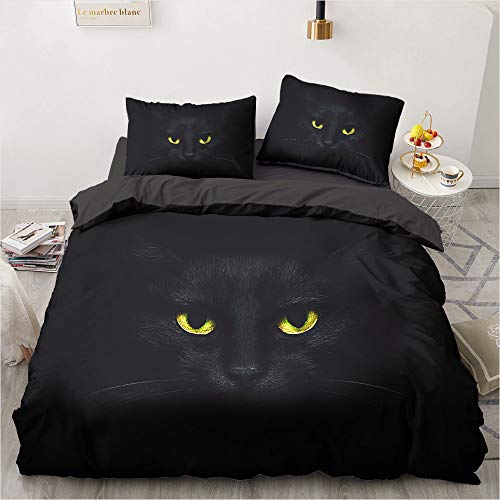 YASMENG Bettwäsche Katze Muster 155x220cm Schwarz Kinder Junge Mädchen Bettwäsche Set Microfaser Bettbezug mit Reißverschluss und 2 Kissenbezüge 80 x 80cm von YASMENG