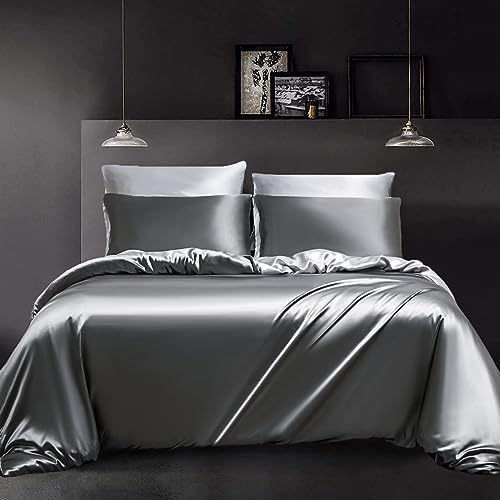 YASMENG Bettwäsche Satin 200x220 Dunkelgrau Hellgrau Wendebettwäsche Modern Deluxe Elegant Bettbezug Set Weich Glatt Glänzend Satin Bettwäsche 3 Teiling mit Reißverschluss und 2 Kissenbezüge 80×80 cm von YASMENG