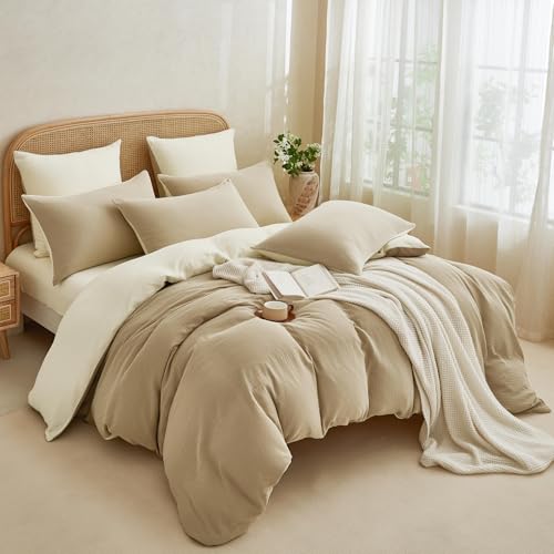 YASMENG Doppelte Muslin Bettwäsche 135x200 Khaki Hellbeige Bettwäsche Muslin 100% Baumwolle Bettwäsche Weich Atmungsaktiv Kuschelige Bettbezug Set 2teilig mit Reißverschluss und 80x80 Kissenbezug von YASMENG