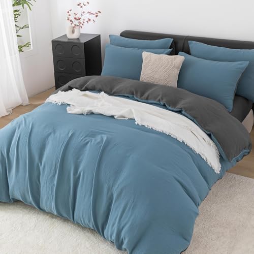 YASMENG Doppelte Muslin Bettwäsche 155x220 Petrol Grau Bettwäsche Muslin 100% Baumwolle Bettwäsche Weich Atmungsaktiv Kuschelige Bettwäsche 3 Teilig mit Reißverschluss und 2 Kissenbezüge 80x80 cm von YASMENG