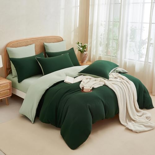 YASMENG Doppelte Muslin Bettwäsche 200x220 Dunkelgrün Grün Bettwäsche Muslin 100% Baumwolle Bettwäsche Weich Atmungsaktiv Kuschelige Bettwäsche 3 Teilig mit Reißverschluss und 2 Kissenbezüge 80x80 von YASMENG