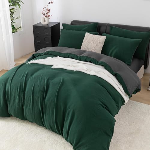 YASMENG Doppelte Muslin Bettwäsche 220x240 Dunkelgrün Grau Bettwäsche Muslin 100% Baumwolle Bettwäsche Weich Atmungsaktiv Kuschelige Bettwäsche 3 Teilig mit Reißverschluss und 2 Kissenbezüge 80x80 von YASMENG