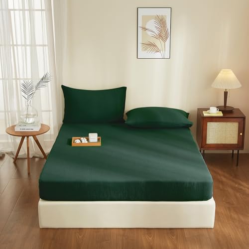 YASMENG Doppelte Muslin Spannbettlaken 100x200cm 100% Baumwolle Dunkelgrün Muslin Bettlaken 100x200cm Baumwolle Weich Atmungsaktiv Kuschelige Spannbetttuch Boxspringbett Geeignet für 30cm Matratze von YASMENG