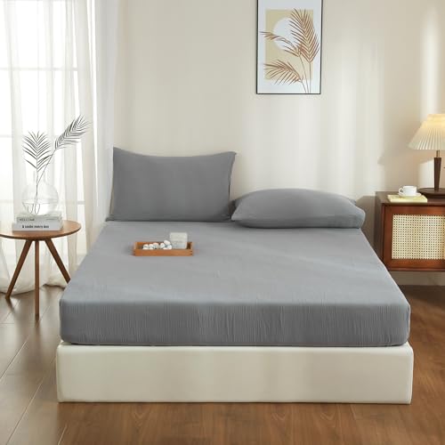 YASMENG Doppelte Muslin Spannbettlaken 100x200cm 100% Baumwolle Grau Muslin Bettlaken 100x200cm Baumwolle Weich Atmungsaktiv Kuschelige Spannbetttuch Boxspringbett Geeignet für 30cm Matratze von YASMENG