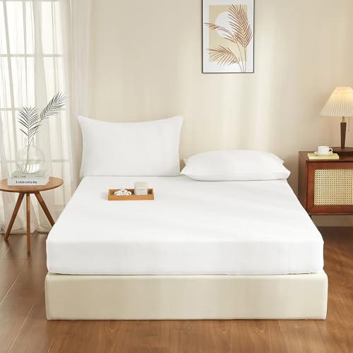 YASMENG Doppelte Muslin Spannbettlaken 120x200cm 100% Baumwolle Weiß Muslin Bettlaken 120x200cm Baumwolle Weich Atmungsaktiv Kuschelige Spannbetttuch Boxspringbett Geeignet für 30cm Matratze von YASMENG