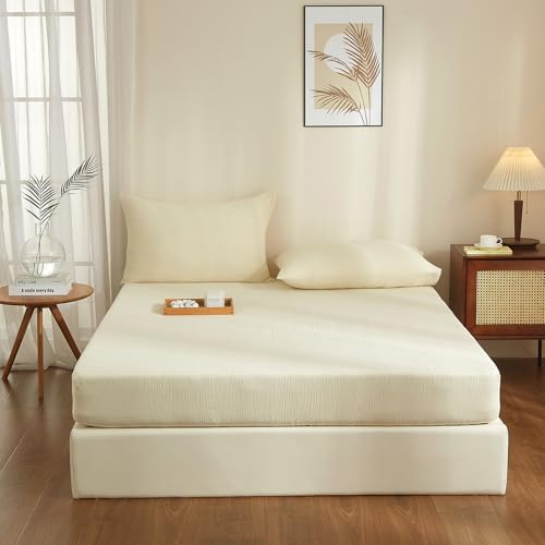 YASMENG Doppelte Muslin Spannbettlaken 140x200cm 100% Baumwolle Beige Muslin Bettlaken 140x200cm Baumwolle Weich Atmungsaktiv Kuschelige Spannbetttuch Boxspringbett Geeignet für 30cm Matratze von YASMENG