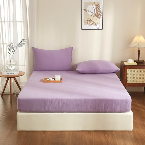 YASMENG Doppelte Muslin Spannbettlaken 140x200cm 100% Baumwolle Lila Muslin Bettlaken 140x200cm Baumwolle Weich Atmungsaktiv Kuschelige Spannbetttuch Boxspringbett Geeignet für 30cm Matratze von YASMENG