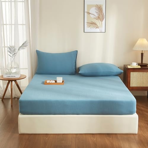 YASMENG Doppelte Muslin Spannbettlaken 140x200cm 100% Baumwolle Petrol Muslin Bettlaken 140x200cm Baumwolle Weich Atmungsaktiv Kuschelige Spannbetttuch Boxspringbett Geeignet für 30cm Matratze von YASMENG