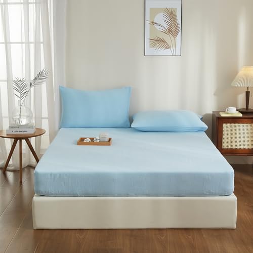 YASMENG Doppelte Muslin Spannbettlaken 160x200cm 100% Baumwolle Blau Muslin Bettlaken 160x200cm Baumwolle Weich Atmungsaktiv Kuschelige Spannbetttuch Boxspringbett Geeignet für 30cm Matratze von YASMENG