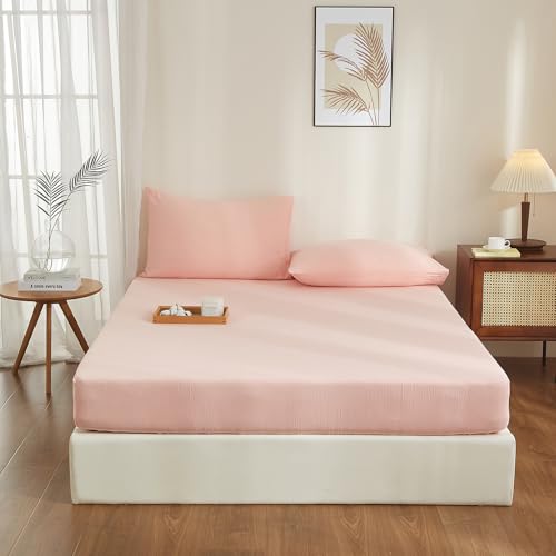 YASMENG Doppelte Muslin Spannbettlaken 160x200cm 100% Baumwolle Rosa Muslin Bettlaken 160x200cm Baumwolle Weich Atmungsaktiv Kuschelige Spannbetttuch Boxspringbett Geeignet für 30cm Matratze von YASMENG