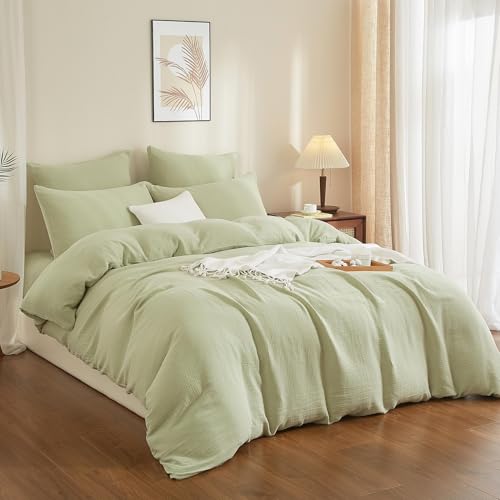 YASMENG Doppelte Muslin Bettwäsche 135x200 Grün Bettwäsche Muslin 100% Baumwolle Bettwäsche Weich Atmungsaktiv Kuschelige Bettbezug Set 2teilig mit Reißverschluss und 80x80 cm Kissenbezug von YASMENG