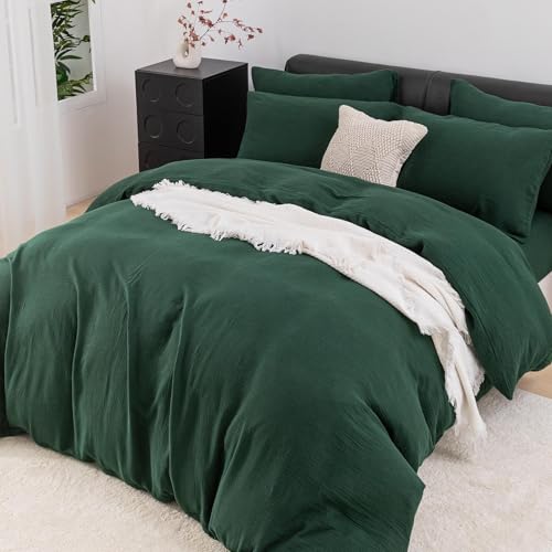 YASMENG Doppelte Muslin Bettwäsche 220x240 Dunkelgrün Bettwäsche Muslin 100% Baumwolle Bettwäsche Weich Atmungsaktiv Kuschelige Bettwäsche 3 Teilig mit Reißverschluss und 2 Kissenbezüge 80x80 cm von YASMENG