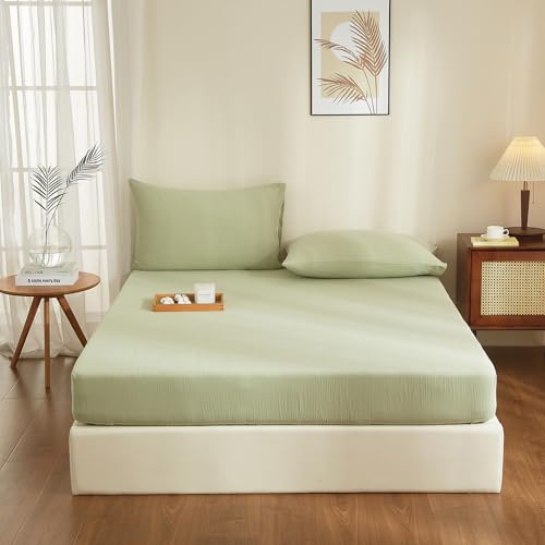 YASMENG Doppelte Muslin Spannbettlaken 180x200cm 100% Baumwolle Grün Muslin Bettlaken 180x200cm Baumwolle Weich Atmungsaktiv Kuschelige Spannbetttuch Boxspringbett Geeignet für 30cm Matratze von YASMENG