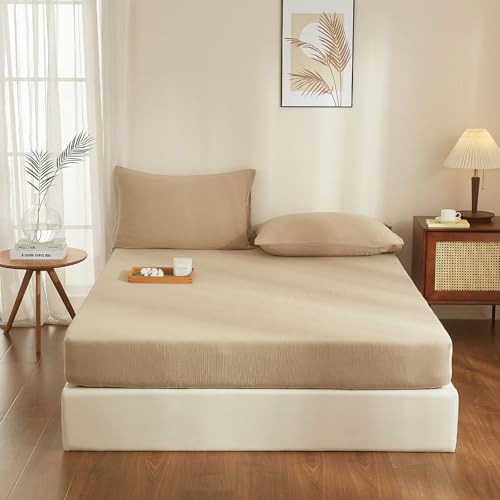 YASMENG Doppelte Muslin Spannbettlaken 90x200cm 100% Baumwolle Khaki Muslin Bettlaken 90x200cm Baumwolle Weich Atmungsaktiv Kuschelige Spannbetttuch Boxspringbett Geeignet für 30cm Matratze von YASMENG