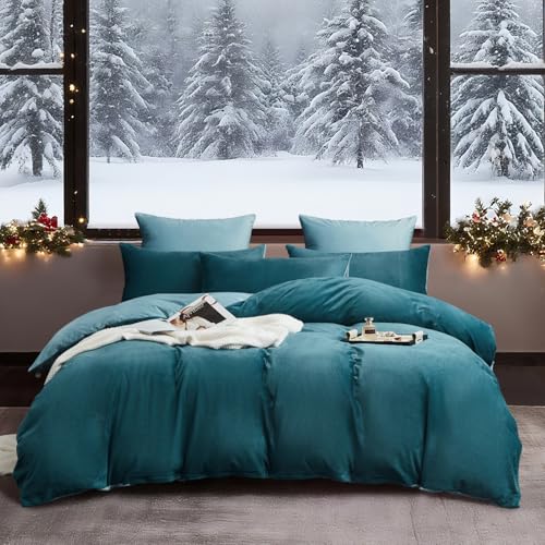 YASMENG Flanell Bettwäsche 200x220 Winter Petrol Hellblau Warm Kuschelig Flanell Bettwäsche Winter Flauschig Plüsch Samt Fleece Wendebettwäsche 3 Teilig mit Reißverschluss und 2 Kissenbezüge 80x80 cm von YASMENG
