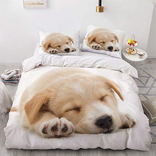 YASMENG Hund Bettwäsche 135x200cm 4 Teilig Weiß Kinder Junge Mädchen Hundnmotiv Bettwäsche Set Microfaser Bettbezug mit Reißverschluss und 2 Kissenbezüge 80 x 80cm von YASMENG