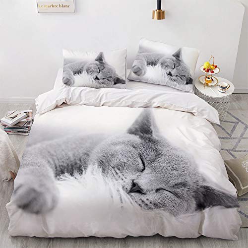 YASMENG Katze Bettwäsche 135x200cm Weiß Kinder Junge Mädchen Katzen-Motiv Bettwäsche Set Microfaser Bettbezug mit Reißverschluss und 1 Kissenbezug 80 x 80 cm von YASMENG