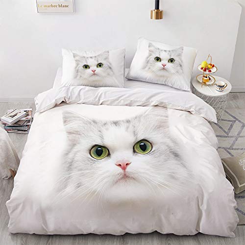 YASMENG Katzen Bettwäsche 135x200 Katze Motiv Weiß Kinder 3D Bettbezug Set Weich Mikrofaser Bettwäsche 2teilig für Teenager Geschenke Jungen Mädchen mit Reißverschluss und 80x80 cm Kissenbezug von YASMENG