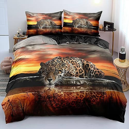 YASMENG Leoparden Bettwäsche 155x220 3 Teilig Tiermotiv Leopard Gold Orange 3D Bettwäsche Weich Mikrofaser Bettwäsche für Geschenke Zimmer Deko mit Reißverschluss und 2 Kissenbezüge 80x80 cm von YASMENG