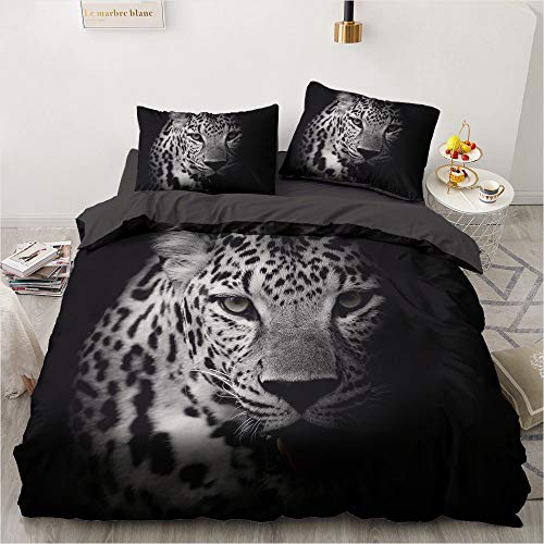 YASMENG Leoparden Bettwäsche 155x220 3 Teilig Tiermotiv Leopard Schwarz Grau 3D Bettwäsche Flauschig Mikrofaser Bettwäsche für Geschenke Zimmer Deko mit Reißverschluss und 2 Kissenbezüge 80x80 cm von YASMENG