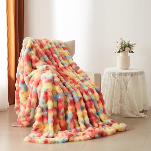 YASMENG Plüsch Kuscheldecke Flauschig Winter Warm Regenbogen Bunt Plüsch Langhaar Kuscheldecke 220x240 Super Weich Kuschelig Dicke Kaninchen Kunstfell Sofadecke für Bett Sofa Couch Schlafzimmer Büro von YASMENG