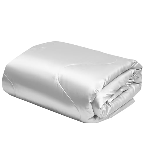 YASMENG Satin Bettdecke 155x220 Weiß Sommerdecke 200 GSM Seidige Seide Leicht Weich Deluxe Glatt Glänzend Steppdecke für Sommer Mit 2 Kissenbezüge 80×80 cm von YASMENG