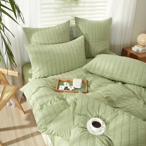 YASMENG Seersucker Bettwäsche 135x200 4teilig Grün Gestreift Bettwäsche Seersucker Modern Bettwäsche Sommer Weich Atmungsaktiv Mikrofaser Bettbezug Set mit Reißverschluss und 2 Kissenbezüge 80x80 cm von YASMENG