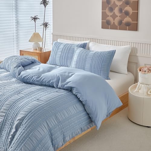 YASMENG Seersucker Bettwäsche 135x200 Blau Gestreift Getuftet Seersucker Bettwäsche Boho Bettwäsche Weich Atmungsaktiv Mikrofaser Bettbezug Set 2teilig mit Reißverschluss und 80x80 cm Kissenbezug von YASMENG