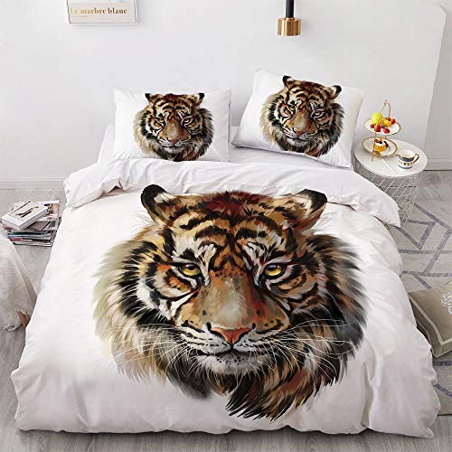 YASMENG Tiger Bettwäsche 135x200 Tiermotiv Braun Weiß 3D Bettbezug Set Weich Flauschig Mikrofaser Bettwäsche 2teilig für Geschenke Zimmer Deko mit Reißverschluss und 80x80 cm Kissenbezug von YASMENG